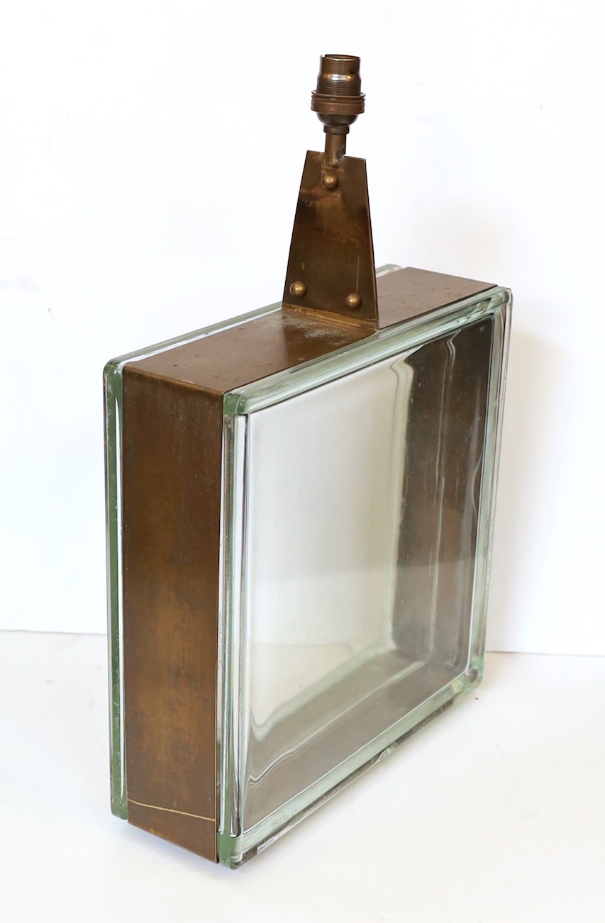 A German bronze mounted square glass ice block table lamp, height 45cm. width 30cm